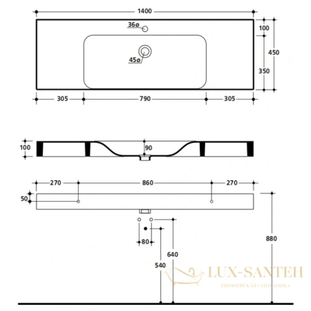 раковина kerasan cento 353501*1 140х45 см, белый
