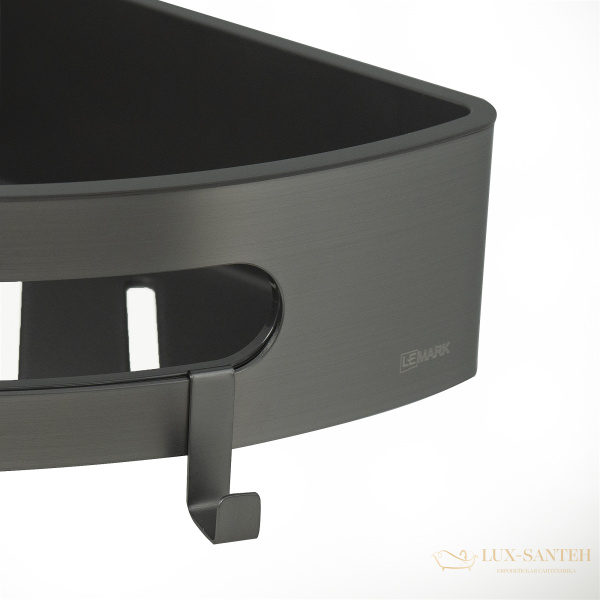 полка для душа угловая lemark shelf line 9776048,  с крючками и вставкой из пластика, графит