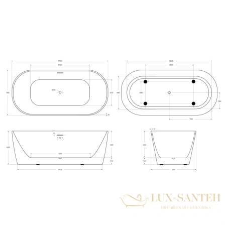 ванна акриловая свободностоящая 170x79,5 см belbagno bb415-1700-800, белый глянцевый