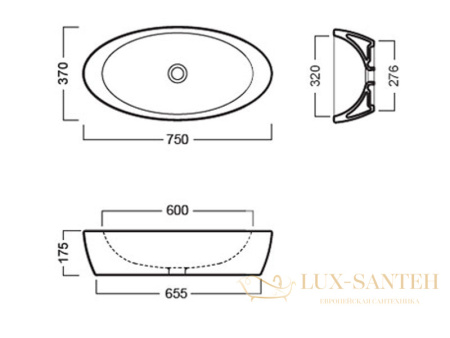 раковина накладная hatria nido y0r201, без отверстий под смеситель, без перелива, 75x37x17.5 см, белый глянцевый