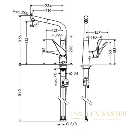 смеситель для кухни с выдвижным душем hansgrohe metris сталь 14821800