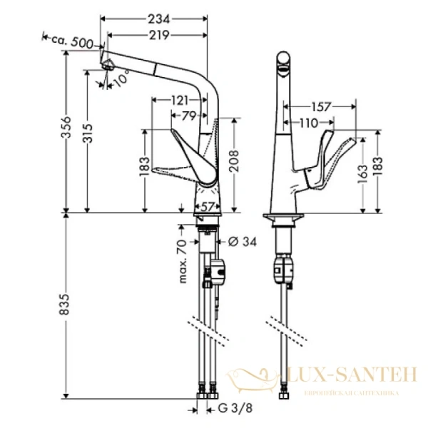 смеситель для кухни с выдвижным душем hansgrohe metris сталь 14821800