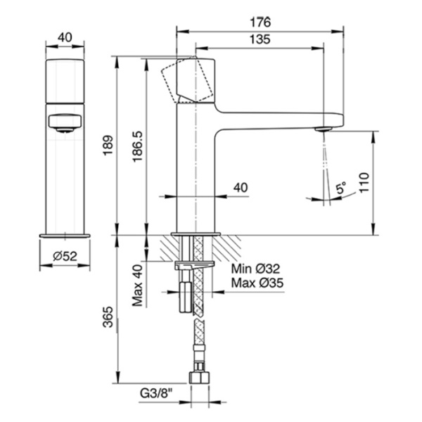 смеситель для раковины, fantini lame, 24 02 m004wf, 1 отв., без донного клапана, излив 135мм, хром