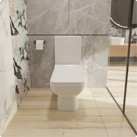 унитаз напольный безободковый aquame aqm1004, в комплекте c сиденьем softclose, горизонтальный выпуск, белый глянцевый