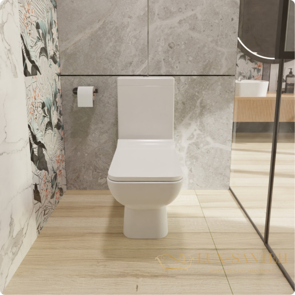 унитаз напольный безободковый aquame aqm1004, в комплекте c сиденьем softclose, горизонтальный выпуск, белый глянцевый