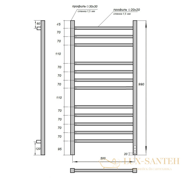 полотенцесушитель электрический point вега pn71850b п12 500x1000, диммер справа, черный