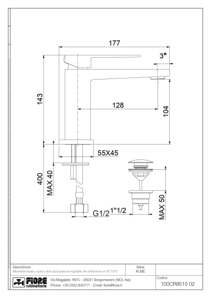 смеситель для раковины fiore kube 100nn8515 с донным клапаном click-clack, черный матовый