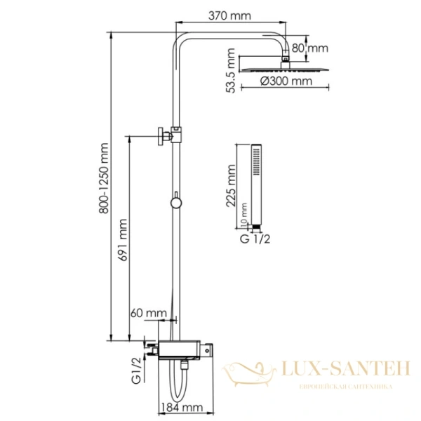 душевая система wasserkraft abens a114.160.217.cb thermo 300 мм, черный матовый