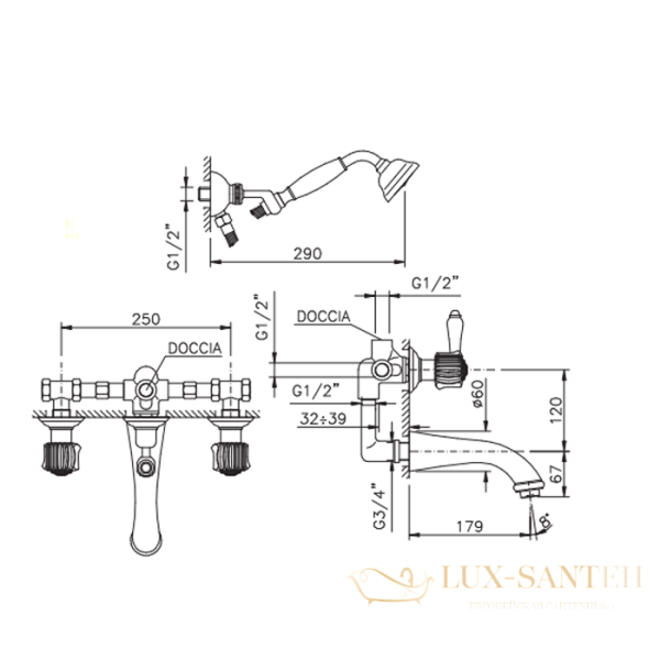 смеситель для ванны встраиваемый nicolazzi onice, 2103go09o, с изливом и душевым комплектом, золото