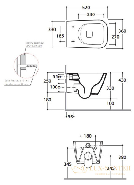 унитаз подвесной безободковый globo stone, sts05.sk, 52х36х33h см, с креплениями, smoke
