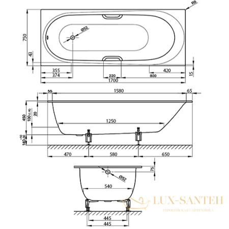 ванна bette comodo 1250-000 1700х750 мм шумоизоляция, белый