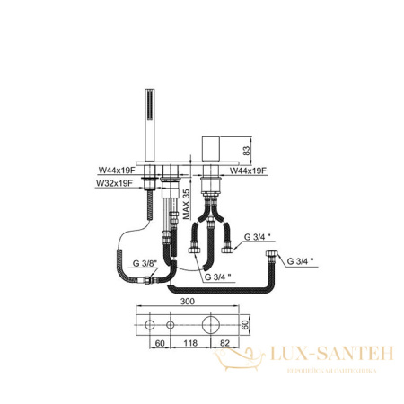 смеситель на борт ванны fantini milano, 31 02 3067, на 3 отверстия, на 2 источника, с ручным душем, без излива, хром