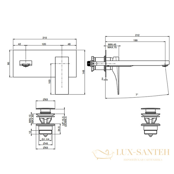 смеситель для раковины встраиваемый fima carlo frattini zeta, f3971wlx5cr, внешняя часть, донным клапаном, хром