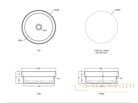 раковина встраиваемая сверху столешницы/накладная cielo enjoy ejlasit ba, 400x400x140h мм, basalto