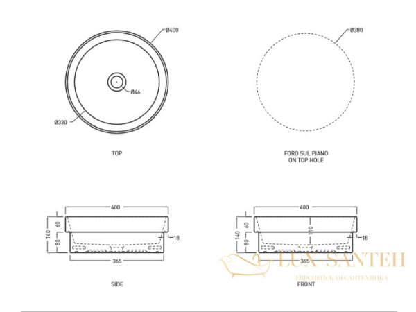 раковина встраиваемая сверху столешницы/накладная cielo enjoy ejlasit tl, 400x400x140h мм, talco