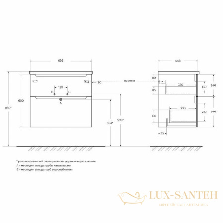 тумба под раковину belbagno etna-h60 etna-h60-700-2c-so-bl-p 70 см подвесная, bianco lucido