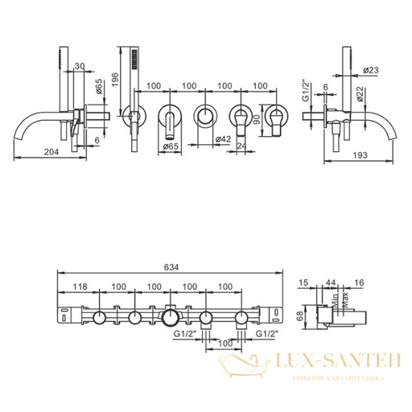 смеситель для ванны fantini al/23, 26 02 b719b, встраиваемый, на 2 источника, излив 190 мм, (наружняя часть), хром