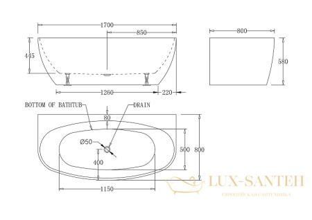 акриловая ванна belbagno bb83-1700-w0 170x80 без гидромассажа, белый