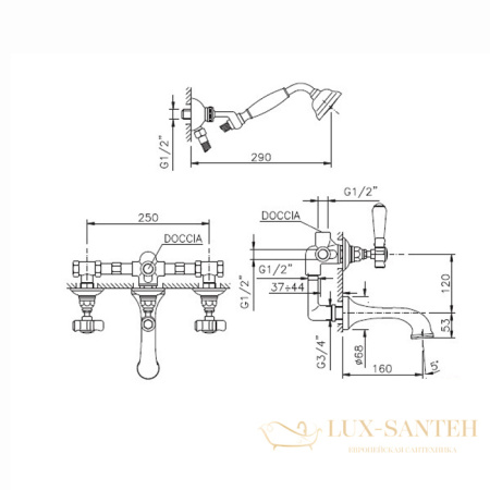 смеситель для ванны встраиваемый nicolazzi p.m. blanc, 1403db78, излив 160 мм с душем, белая керамика/тёмная бронза