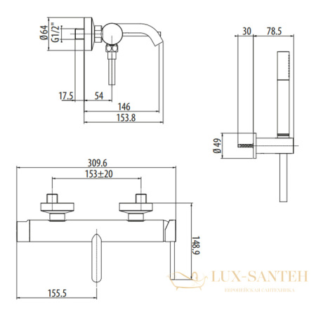 смеситель для ванны gattoni circle two, 9100 х 91c0, с душевым комплектом, хром