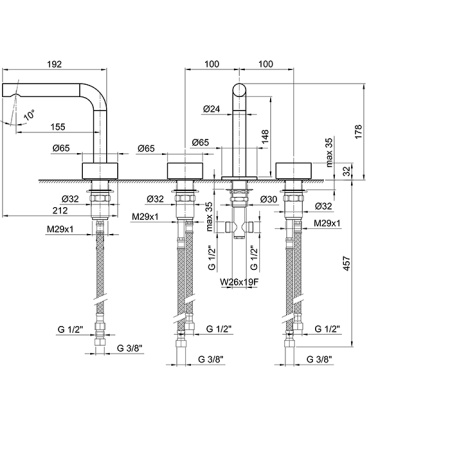 смеситель для раковины, fantini af/21 27 93 a204wf, 3 отв., без донного клапана, излив 155мм, матовая натуральная сталь