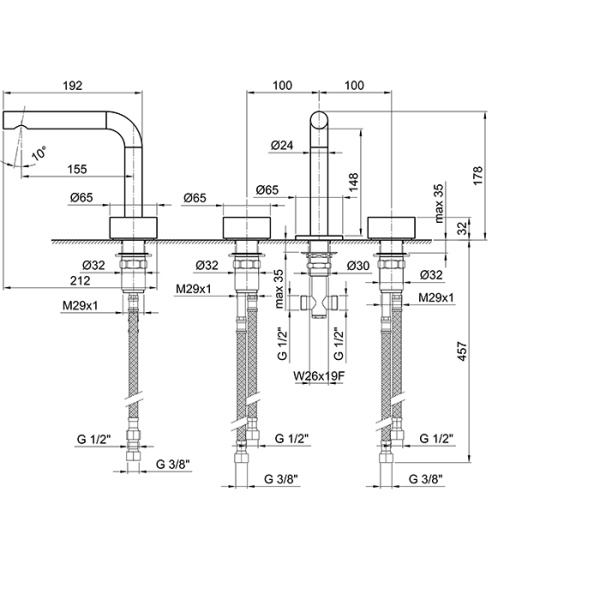 смеситель для раковины, fantini af/21, 27 p6 a107wf, 2 отв., без донного клапана, излив 190мм, matt british gold pvd
