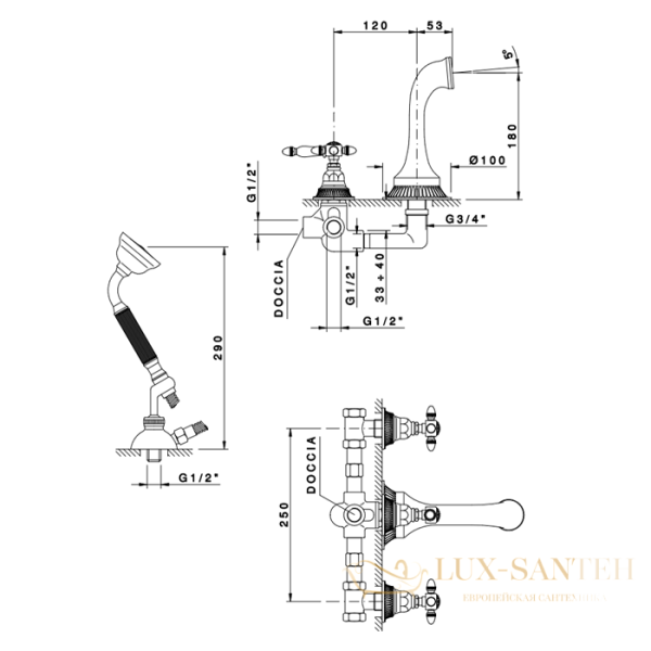 смеситель для ванны встраиваемый nicolazzi impero, 1203go36, на 4 отверстия, с изливом и душевым комплектом, золото