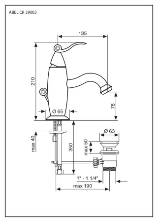 смеситель для раковины emmevi abel 39003/cr с донным клапаном, хром