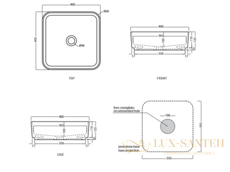 раковина накладная, cielo, shui comfort shcolaq40 tl, 400x400x125h мм,  без отверстия для смесителя без перелива, talco