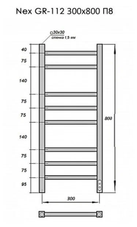 полотенцесушитель электрический с/т grois nex gr-112 300/800 п8 ral9005 u черный матовый