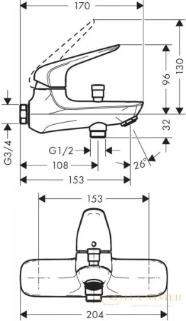 смеситель для ванны с душем hansgrohe novus 71041000, хром