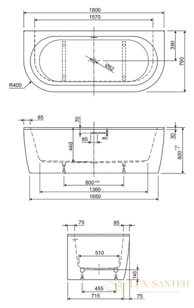 акриловая ванна cezares slim slim wall-180-80-60-w37-set 180x79 без гидромассажа, белый