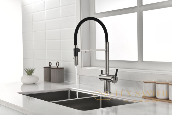 смеситель для кухни под фильтр с гибким изливом paulmark gravity gr213888-bs, нержавеющая сталь