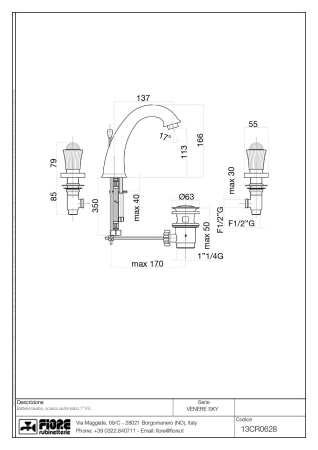 смеситель fiore venere sky 13cr0628 для раковины на 3 отверстия, хром-swarovski