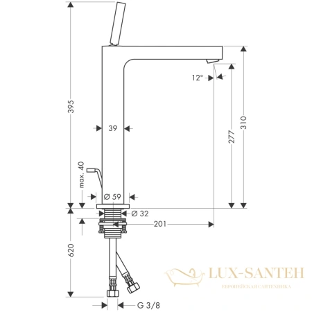 смеситель для раковины 270, axor citterio, 39020000, с донным клапаном, хром