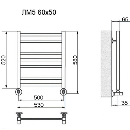 полотенцесушитель ника modern лм-5 60/50 ral9005 черный матовый с вентилями (комплект люкс)