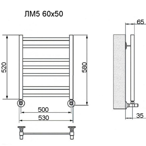 полотенцесушитель ника modern лм-5 60/50 ral9005 черный матовый с вентилями (комплект люкс)