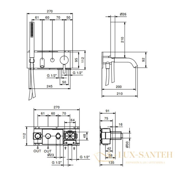 смеситель для ванны встраиваемый fantini nostromo, 50 93 e321b, (наружняя часть), нержавеющая сталь