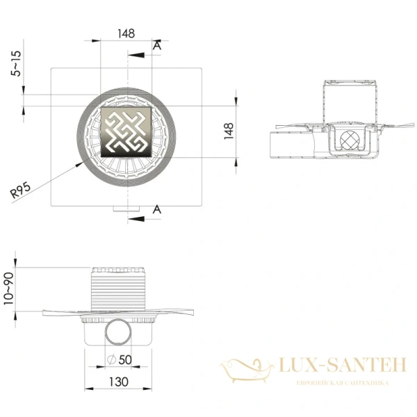 душевой трап berges zentrum antik 092365 148x148/50 мм, золото