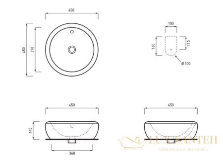 раковина накладная, cielo, fluid flla45 ba, 450х450х145h мм, без отверстия для смесителя, с переливом, basalto