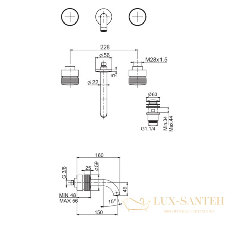 смеситель для раковины, fima|carlo frattini texture collection, f5601/5hcr, настенный монтаж, на 3 отв, изл 150 мм, ручки "h", без накладок, внешняя