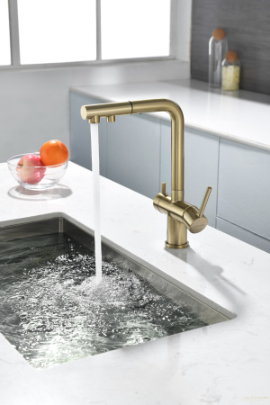 смеситель для кухни под фильтр с гибким изливом paulmark serpentine se213222-sbg, золото светлое брашированное