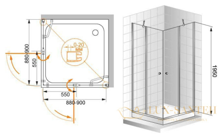душевой уголок cezares elena elena-w-a-22-90-p-cr 90x90 профиль хром, стекло рифленое