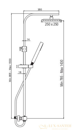 душевая колонна aqg qb 21luc25qbl02 регулируемая по высоте 95-150 см, с квадратным верхним душем 25 см, хром
