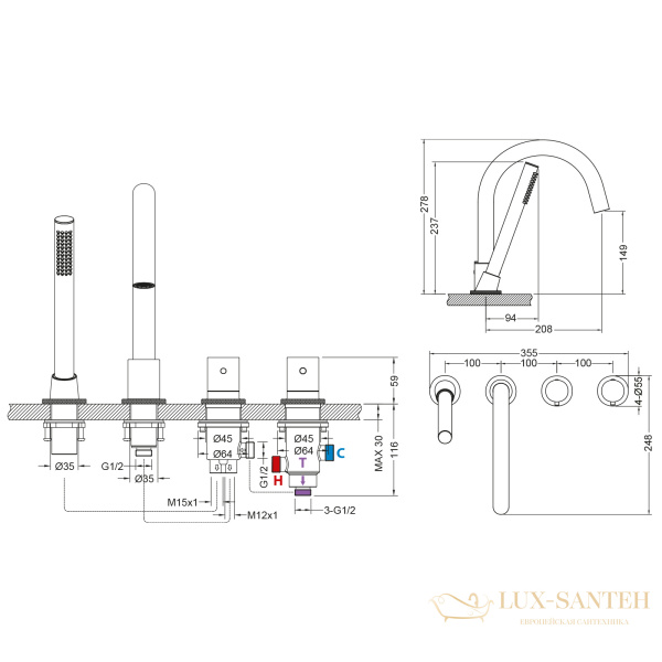 смеситель термостатический timo saona 2330/18y на борт ванны, черное золото