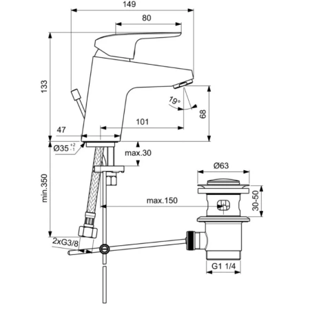 смеситель с донным клапаном ideal standard ceraflex b1707aa для раковины, хром