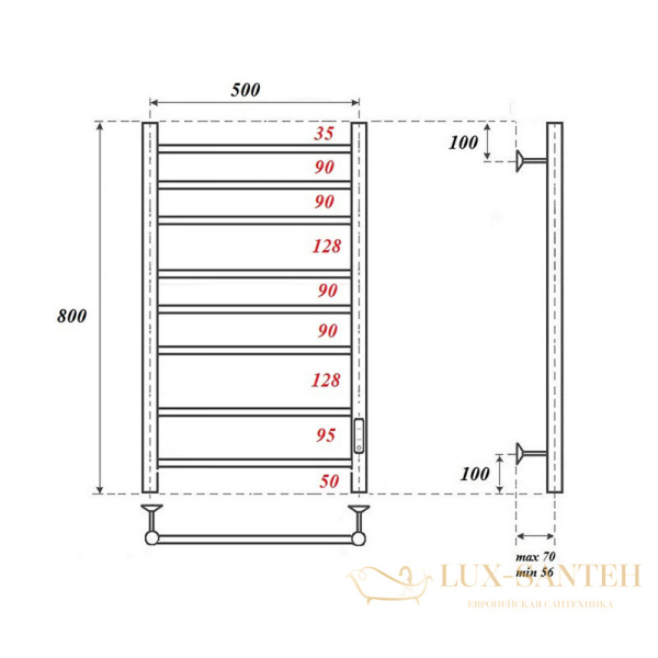 полотенцесушитель 500x800 электрический point аврора pn10858b п8 диммер справа, черный