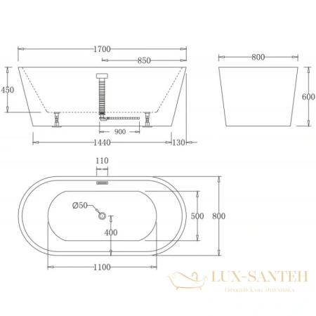акриловая ванна belbagno bb71-1700-nero 170x80 см, черный матовый/белый