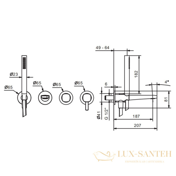смеситель для ванны встраиваемый fantini lame, 24 02 m121b, 2 источника, излив 190 мм, с ручным душем, (наружняя часть), хром