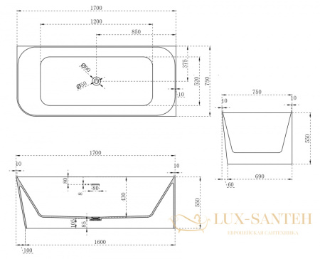 ванна угловая из искусственного камня abber stein as9621-1.7 r, правосторонняя, 170х75х55h см, белый матовый 